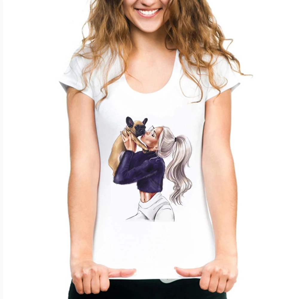 Женская футболка с принтом в Корейском стиле белая рисунком девушки и собаки