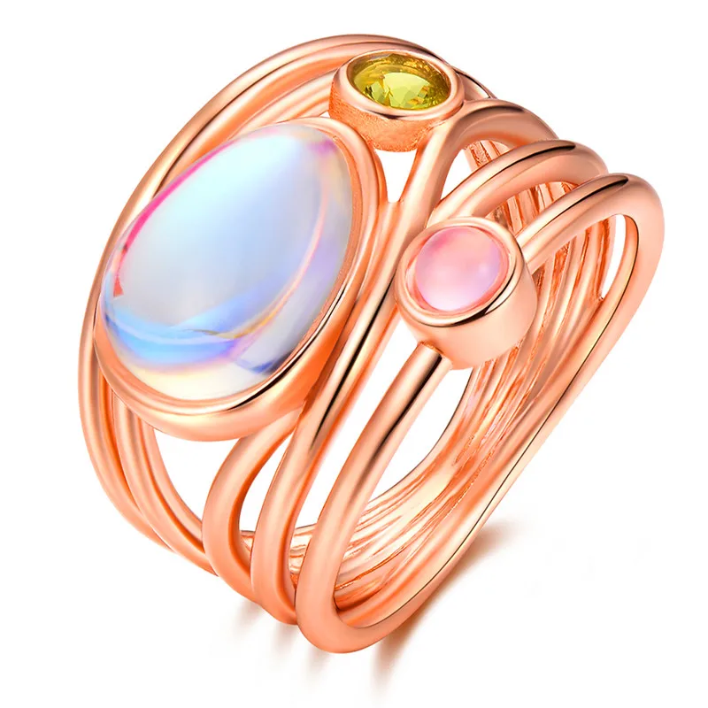 Rose Gold Женское кольцо с большим лунным камнем, модное серебряное розовое золото, обручальные кольца, ювелирные изделия, обручальные кольца для женщин - Цвет основного камня: Rose Gold
