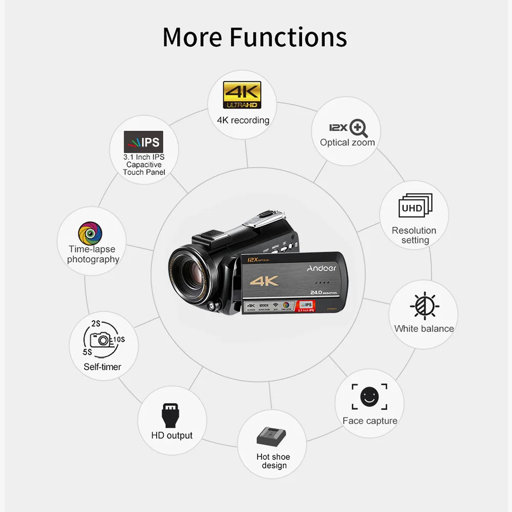 Andoer AC5 4K UHD 24MP Wifi цифровая видеокамера регистратор DV 12X оптический зум с таймером