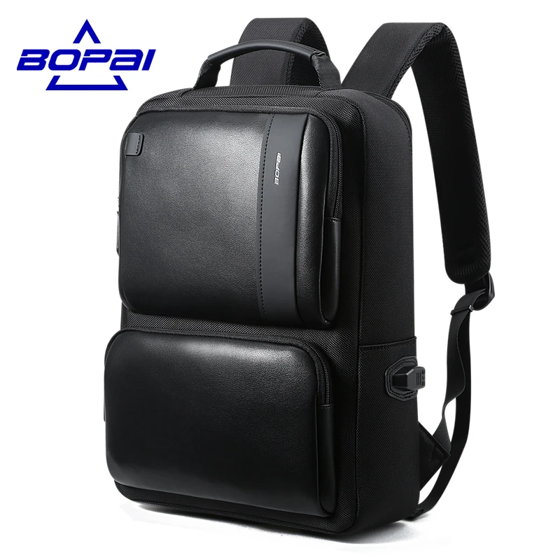 BOPAI Mochilas, корейский стиль, 15,6 дюймов, рюкзак для ноутбука, USB зарядка, 14 дюймов, водонепроницаемый мужской рюкзак, рюкзак для путешествий, черный рюкзак - Цвет: Black