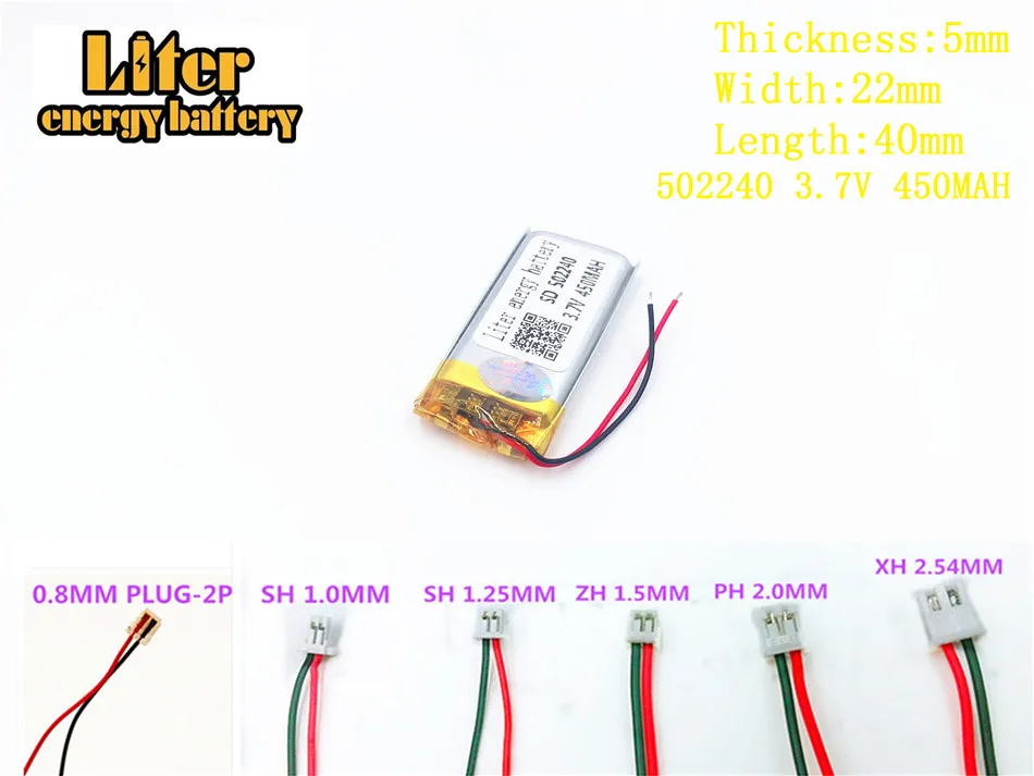 

Liter energy battery 3.7V 450mAh 502240 plug Lithium Polymer Li-Po Rechargeable Battery For MP3 MP4 MP5