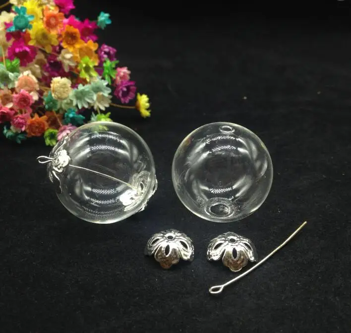 20sets 30mm round glass globe bubble with 2-3mm double hole vial wish bottle jewelry DIY pendant necklace accessory |