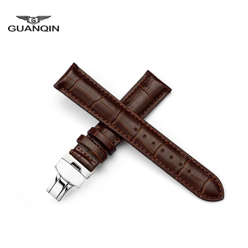 Genuine cow leather bracelet GUANQIN brand high quality butterfly buckle Wrist Watch Band leather strap for men watch 20mm trendy men charm python bracelet for watch brushed surface magnet buckle with genuine natural python leather bracelets for men