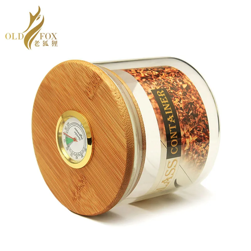 RU-OLD Фокс закаленное стекло humidor jar зажим герметичная бамбуковая крышка сигары Табак кофе фасоль чай конфеты jar гигрометр cg0014