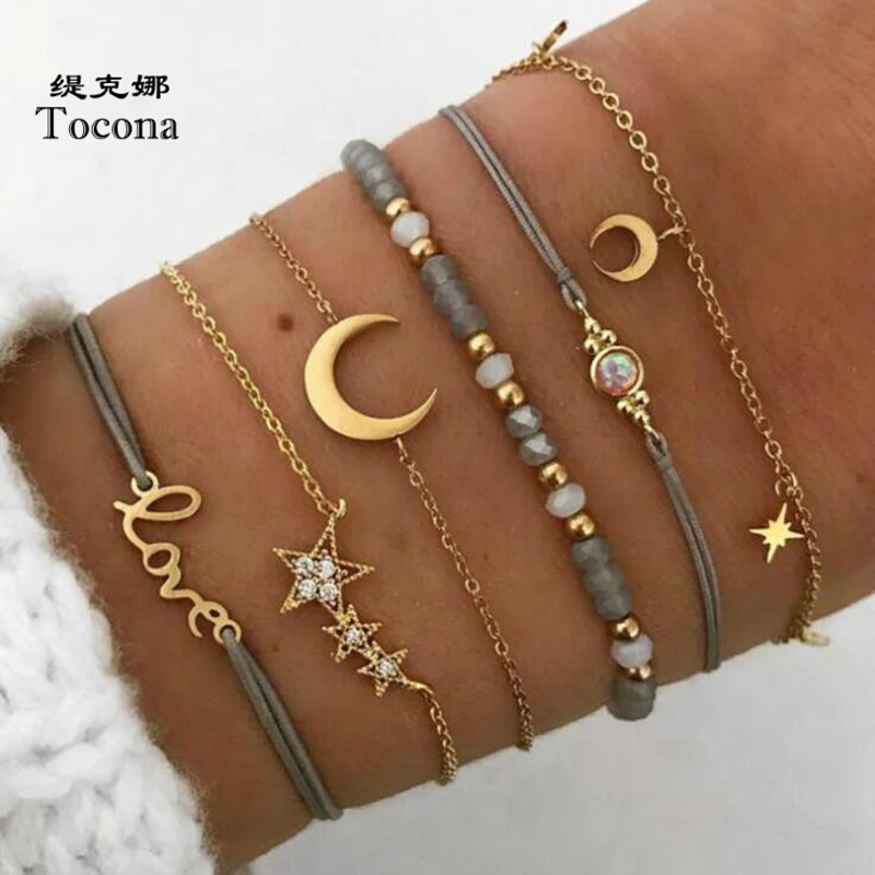 Женские браслеты Tocona в богемном стиле 6 шт./компл. форме Луны с бусинами золотые