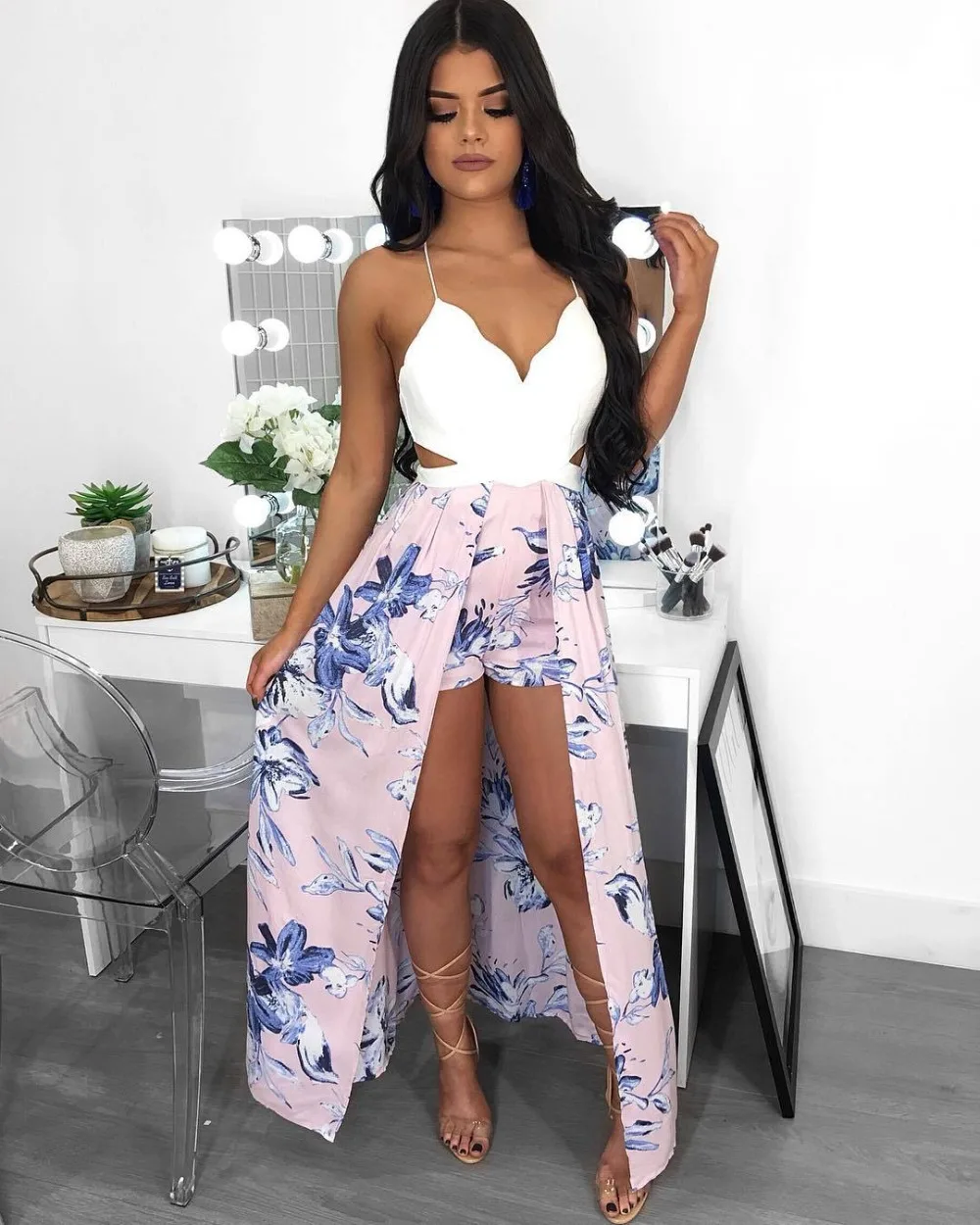 AHVIT Summer beach sleeveless sexy backless playsuits women floral print summer jumpsuit LL0248 | Женская одежда