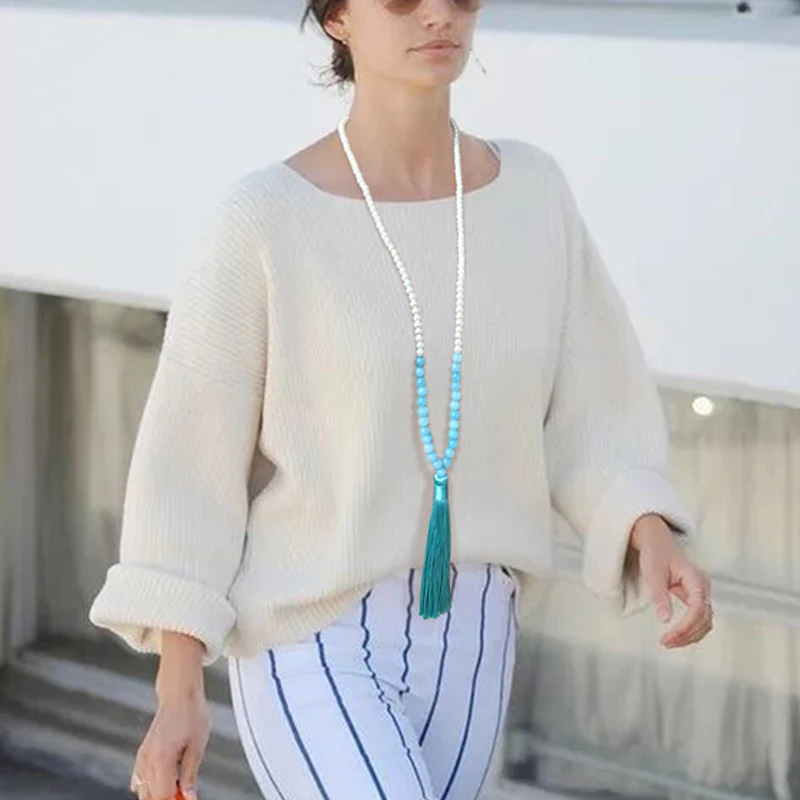 Yumfeel Brand New Long Beaded Tassel Necklace 18 Colors Natural Stone Necklace Women Jewelry Gifts Beach Crystal Quartz