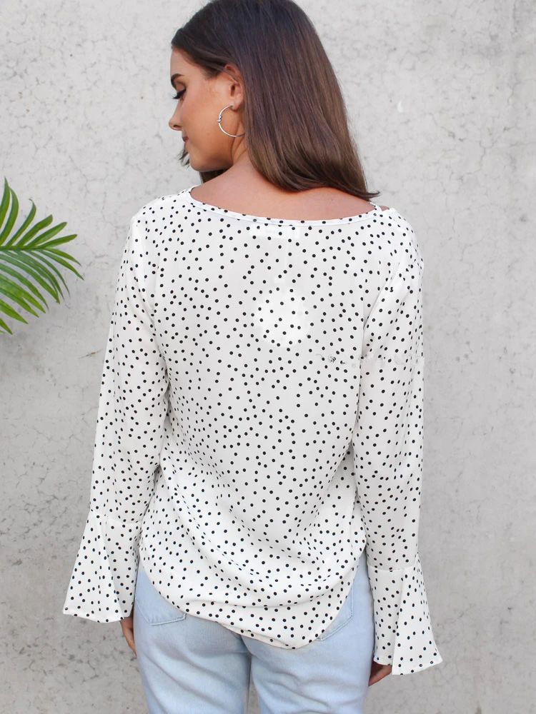 AVODOVAMA M Women Blouses 2019 Spring Casual Polka Dot Slim Shirts Sexy V Neck Long Sleeve Fashion Flare Ruffles Tops |
