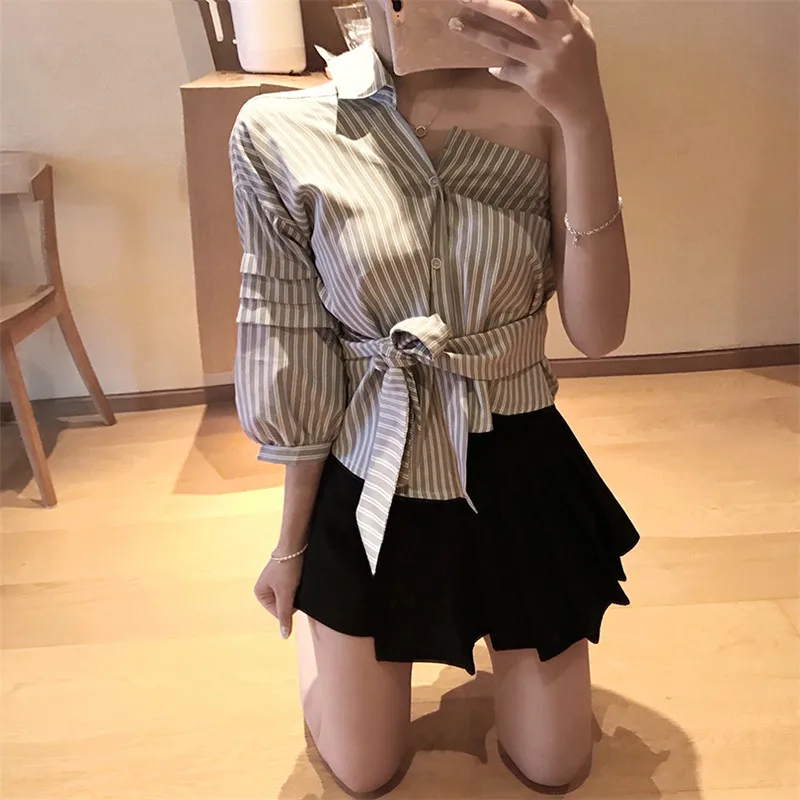 

Women's Spring New Fashion Tops Sexy Skew Collar Stripe Blouse Fashion Irregular Slim Chic Shirts One Sleeve Waisted OL Shirts