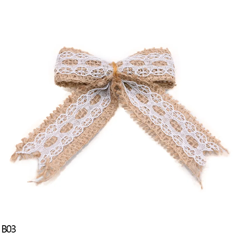B03 5/10pcs Jute Bow Vintage Natural Jute Burlap Hessian Bows Lace Ribbon Trim for Wedding Decoration Home Sewing Hat Accessories 8z - Цвет: B03