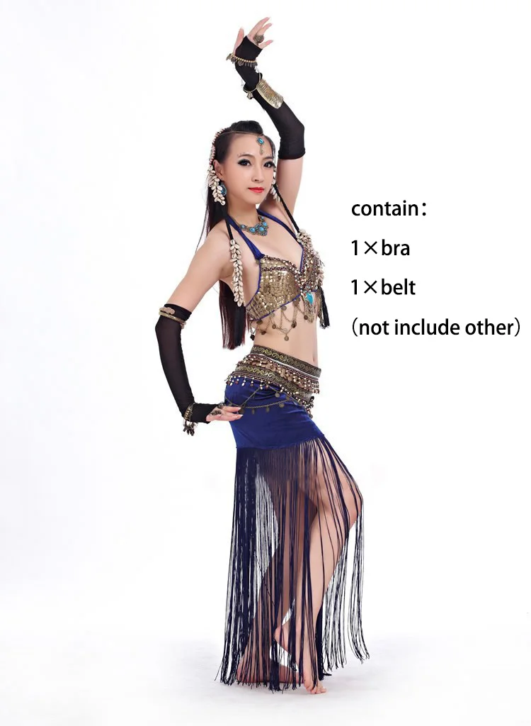blue 2 pcs set Танец живота Костюмы 2 шт. лифчик с монетками, повязка на бедра с кисточками пояс с юбкой Племенной танец живота костюм комплект производительность - Цвет: blue 2 pcs set