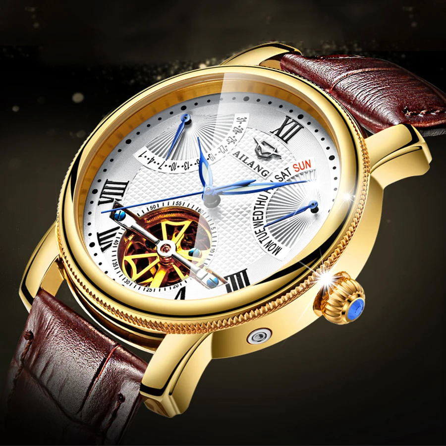 

AILANG Skeleton Tourbillon Mechanical Watch Men Automatic Classic Leather Mechanical silver Man's Wrist Watches Reloj Hombre