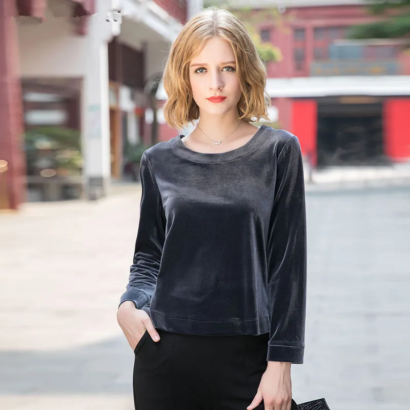 Elegant Solid Color Velvet O-neck Women Tops Long Sleeve Slim Casual Shirts Black Velour Blouse roupas femininas t-shirts | Женская