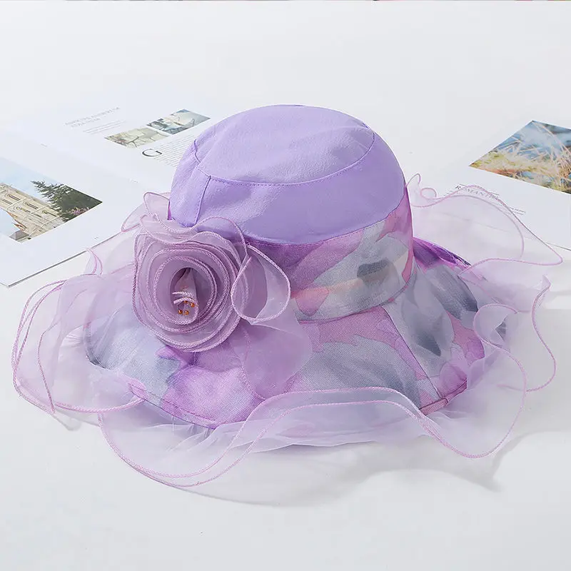 Purple Цветочная женская летняя сетчатая шляпа двухслойная Марля Женская пляжная шапочка для бассейна с широкими волнистыми полями с защитой от ультрафиолетовых лучей в полоску для девочек - Цвет: Purple