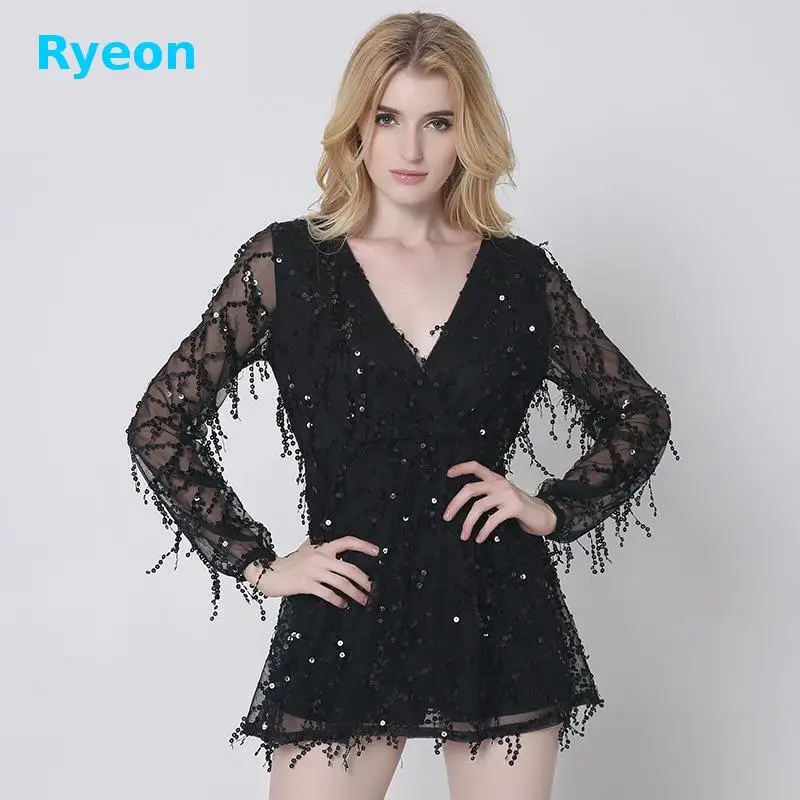 Ryeon 2017 Блестками Женщины Туника Платья Sexy прозрачный Сетки Ткань Вышивки