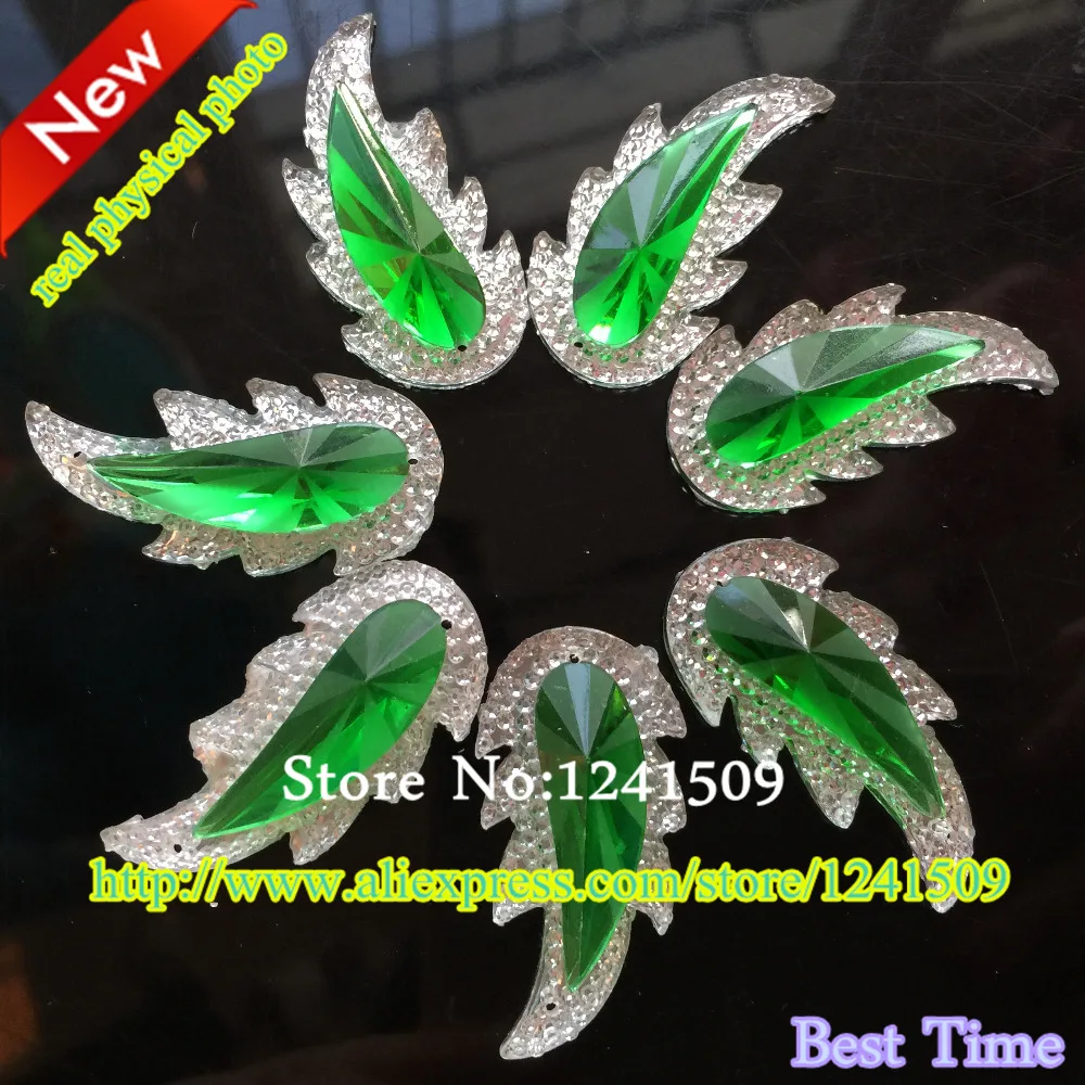50 шт. Свободные Стразы в форме листьев полимерные зеленые + белые боковые цвета