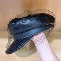 new fashion women black visor beret hat with fancy veil elegant girl pu newsboy hat cap for ladies merino winter fall spring