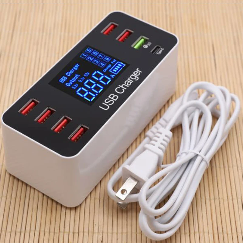 40W Type C QC3.0 Смарт USB зарядное устройство с ЖК дисплеем 8 портами питания для
