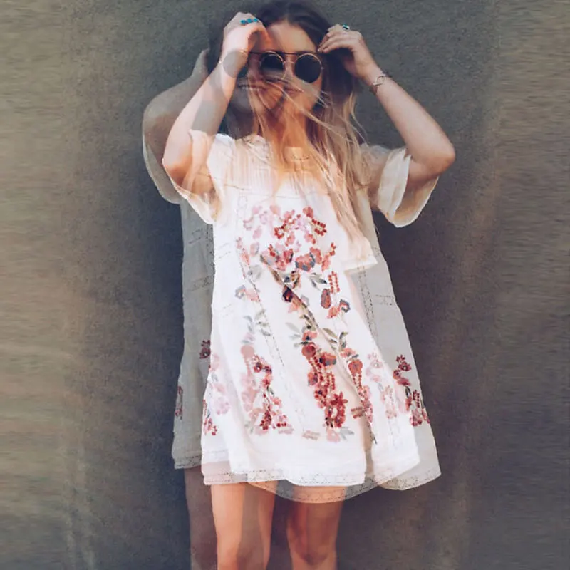 Богемное женское платье с вышивкой винтажное ажурное кружевное короткими