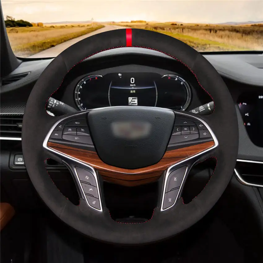 

MEWANT Beige Leather Black Suede Hand Stitched Car Wrap Steering Wheel Cover for Cadillac CT6 2016-2018 XT5 2016-2018