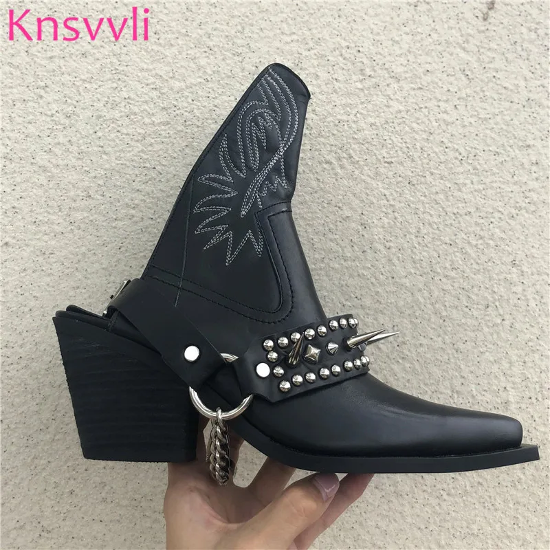 New Embroidery Western Cowboy Boots Woman Rivets Slingback Black Leather Metal Chain Chunky High Heels Motorcycle Shoes Women | Обувь