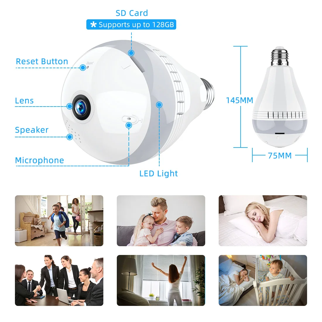 TAOCOCO светодиодный светильник, беспроводная панорамная HD ip-камера рыбий глаз, WiFi, лампа, лампа для домашнего видеонаблюдения, камера ночного видения 1080P