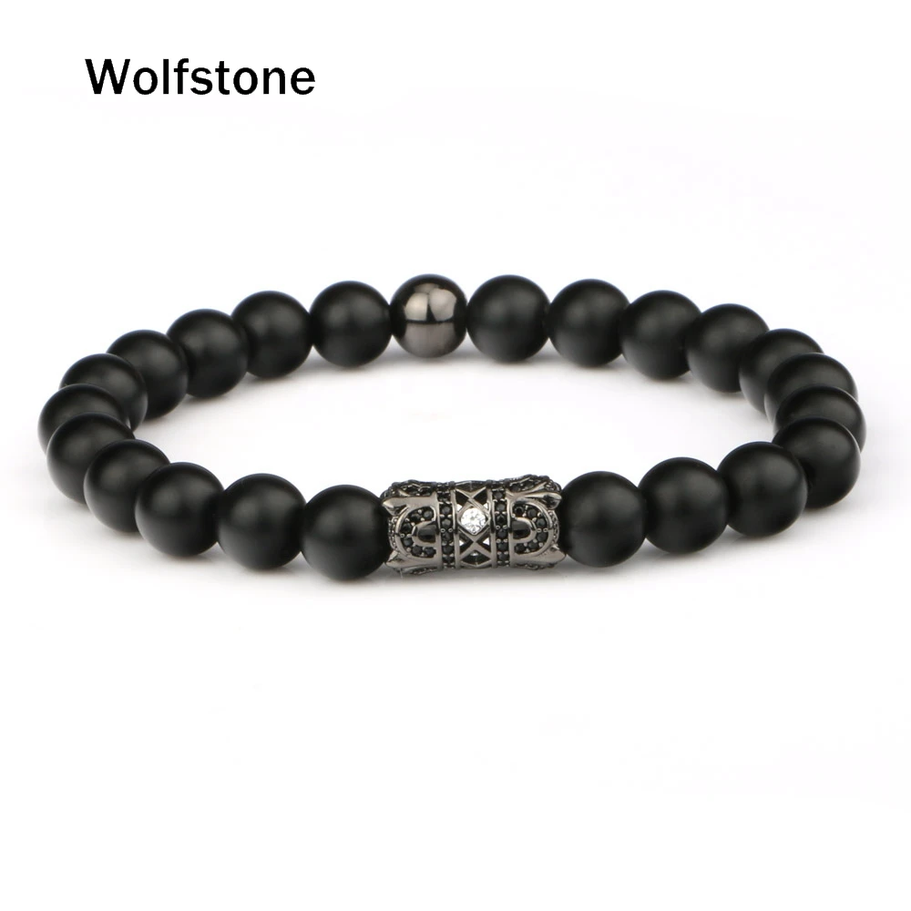 Wolfstone Мода Micro Pave CZ twin Корона 8 мм черный скраб оникс Бусины Браслет Fit Для мужчин