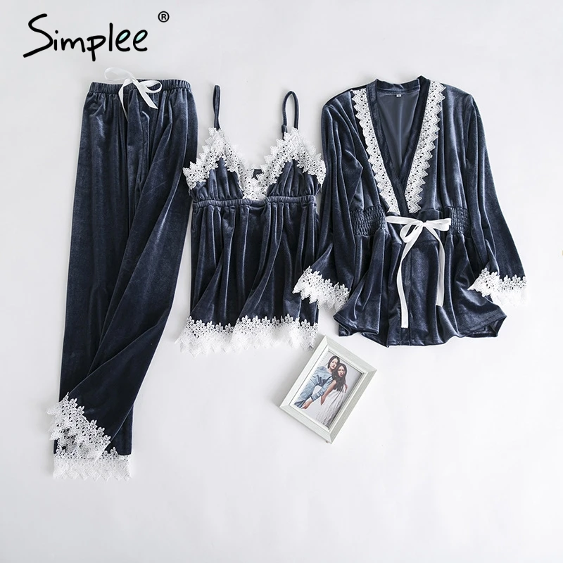 Blue Gray Simplee Золотой бархатный пижамный комплект из двух частей осень зима кружева сращивания размера плюс пижамы Женская пижама домашняя одежда - Цвет: Blue Gray