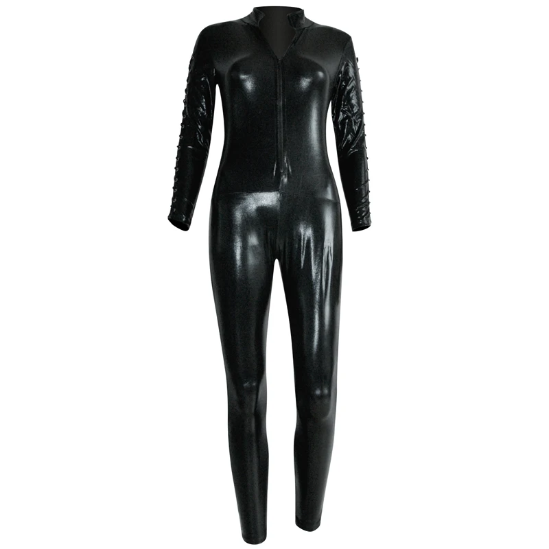 Комбинезон женский черный из виниловой кожи с длинным рукавом|club bodysuit|catsuit
