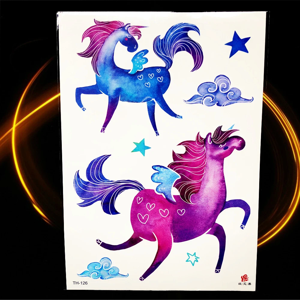 3D Fairy Tale India Tribal Unicorn Temporary Tattoo Horse Pony Men Colorful Feather Tattoo Sticker Women Body Art Tatoo Paste images - 6