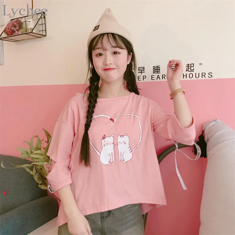 Женская летняя футболка Lychee с вырезами Милая принтом в виде кота и надписи Love на
