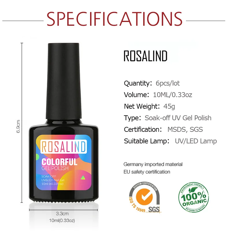6 шт./партия) ROSALIND 10 мл Гель-лак для ногтей набор Полупостоянный маникюрный набор для акриловых ногтей Гель-лак для наращивания ногтей искусство