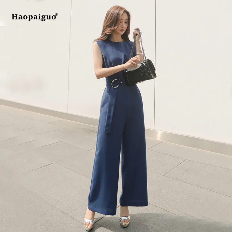 

Solid Plus Size Jumpsuits Summer Women Black Blue Sleeveless O-neck Full Length Elegant Office Party Playsuits Work Club Ladies