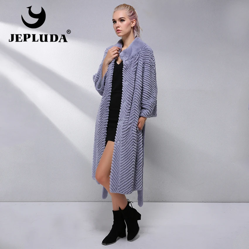 JEPLUDA Придаренный Шуба Натуральный Мех Кролика Рекс Женское Пальто Зимнее с