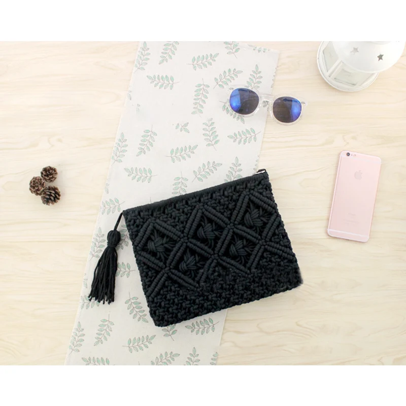 Black AEQUEEN кошелек из ротанга модный пляжный богемный клатч сумка Bolsa Feminina женская вязаная соломенная сумка с бахромой кошелек для монет держатель для карт - Цвет: Black