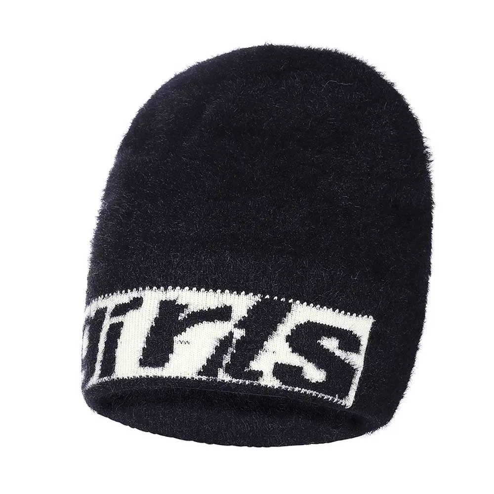 WELROG Skullies, шапка, зимняя шапочка для женщин, Вязаная Шерстяная мягкая теплая шапка с мехом гривы, новинка, Повседневная шапка с буквенным принтом для девочек - Цвет: Черный