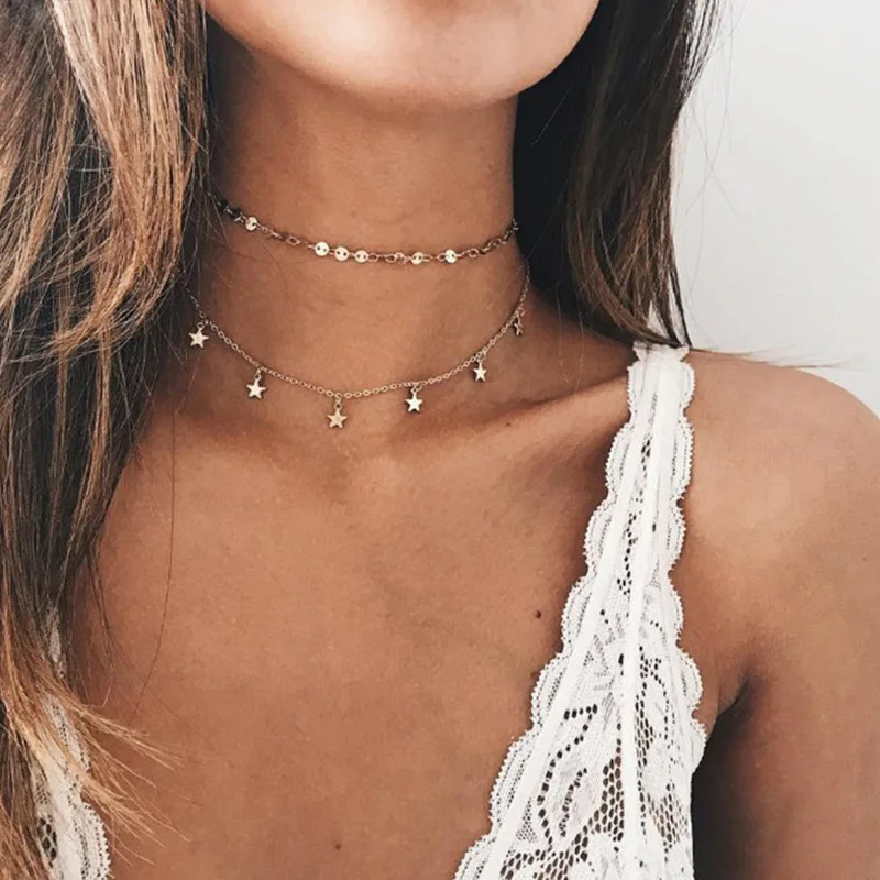 2019 Boho женский чокер золотая Серебряная цепочка Круглый Блестками со звездой