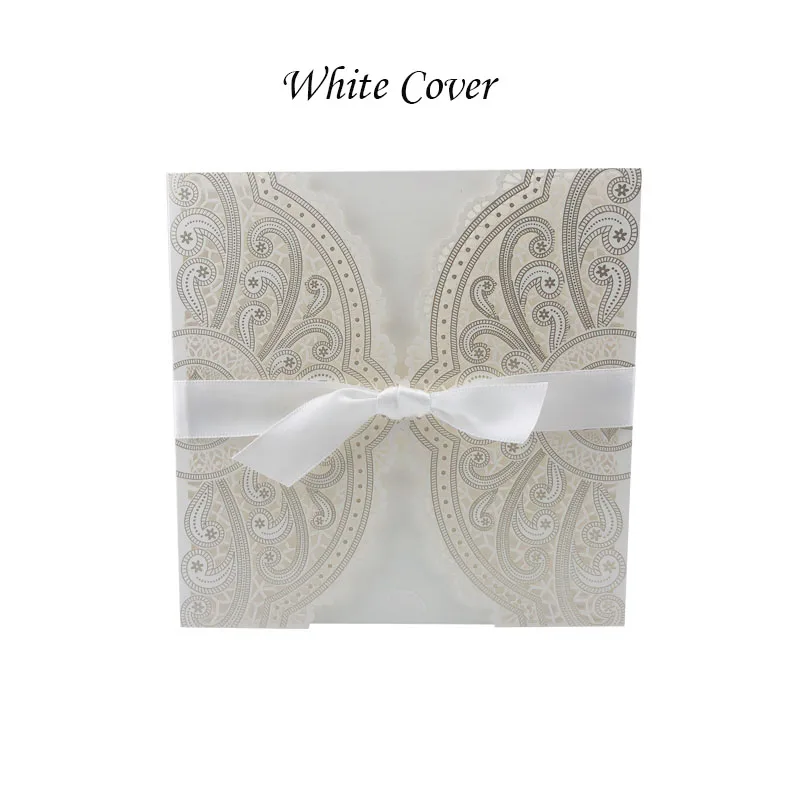 Only White Cover 1 шт., синий, белый, золотой, красный, лазерная резка, свадебные приглашения, карты, элегантные, на заказ, с лентой, для праздника, дня рождения, вечеринки, свадебные украшения - Цвет: Only White Cover