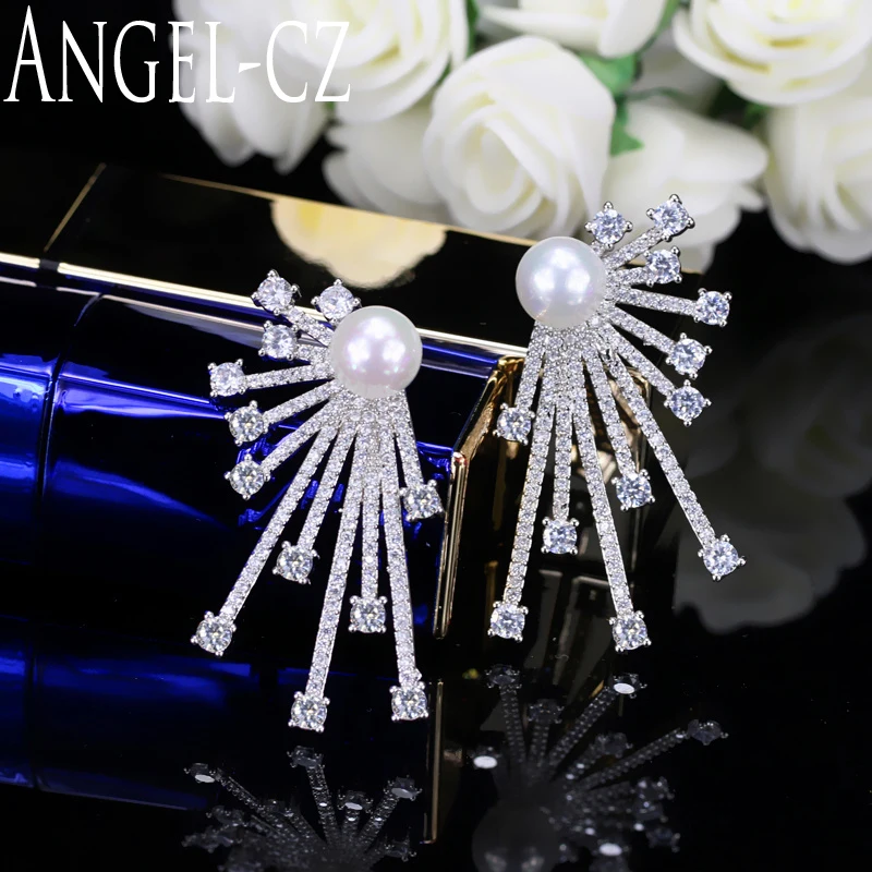

ANGELCZ модные европейские ювелирные изделия с микрозакрепкой роскошный кубический цирконий серебряного цвета женские элегантные жемчужные ...