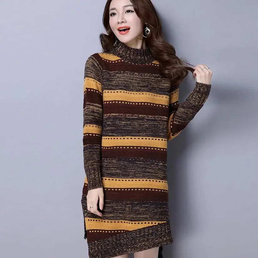 

Women dress new wool knitted large size long-sleeve stripe warm sweater dress