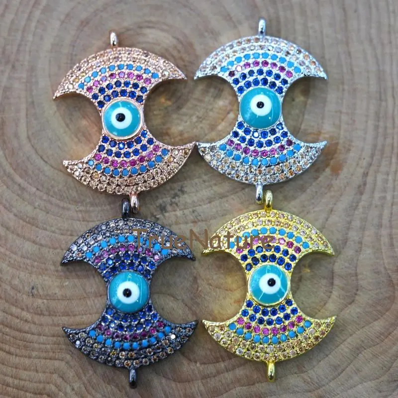 

Lovely Double Axes Charm Colorful Zircon Paved Connector Turquoises Evil Eye Jewelry Findings In 25.9*18.5 mm PC6777