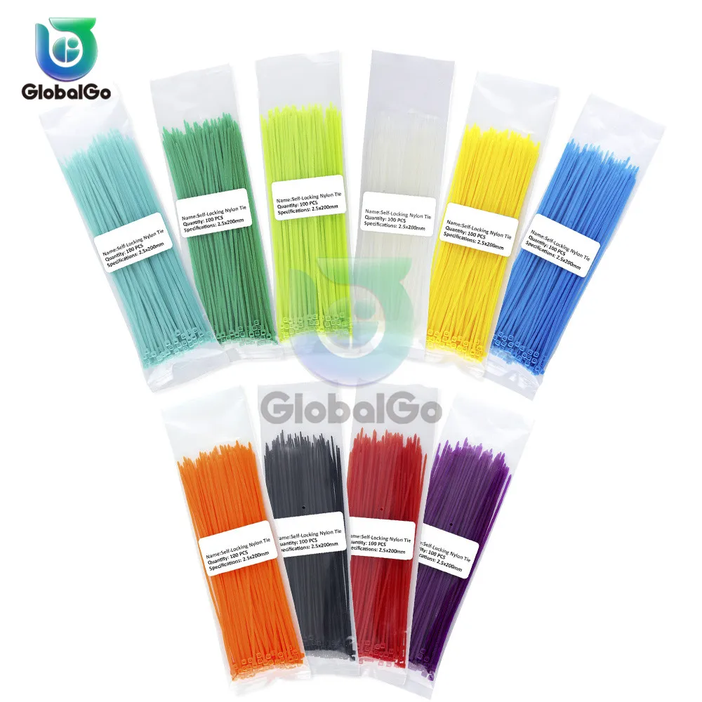 100pcs/Lot Self-Locking Plastic Nylon Wires Cables Zip Ties Cable Fasten Loop 13 Color 2.5*200mm Wiring Harness | Обустройство дома