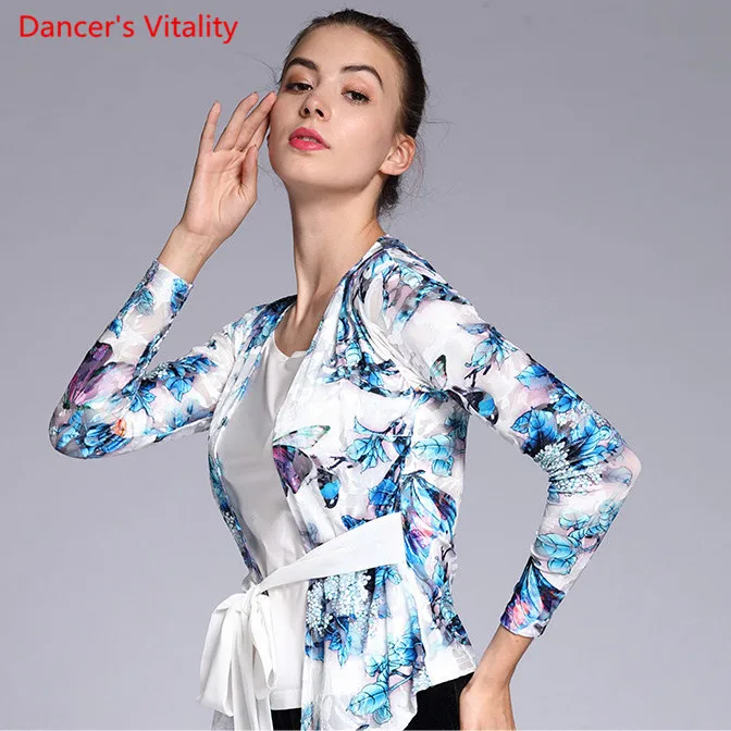 New Women Ballroom Dance Tops Adult Female Long Sleeved Printing Lady's Latin Waltz square Practice Costumes | Тематическая