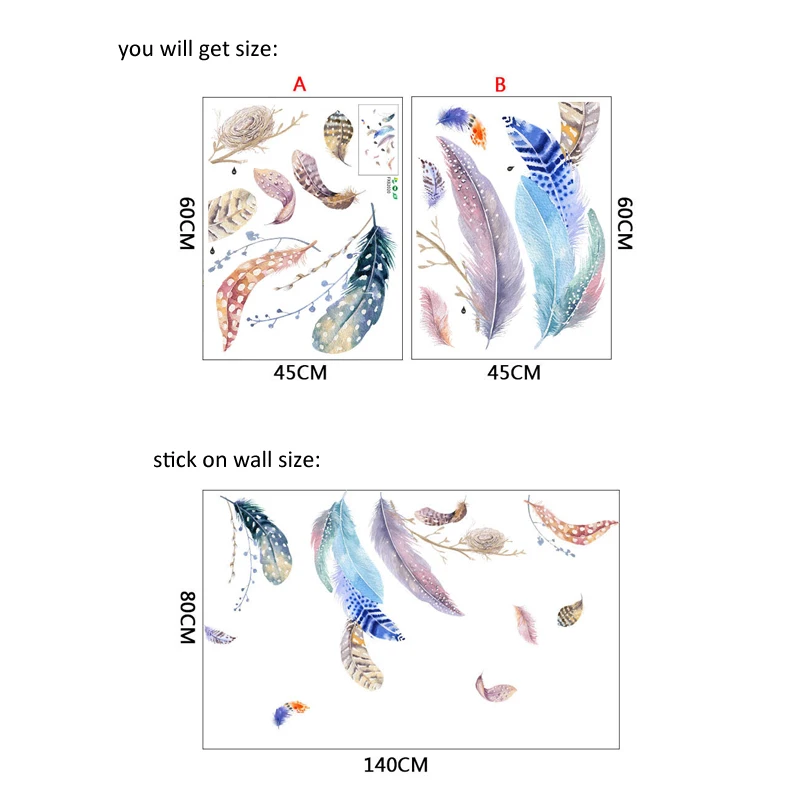 

Creative colorful feather wall stickers home decor removable adhesive living room furniture bedroom wall pictures