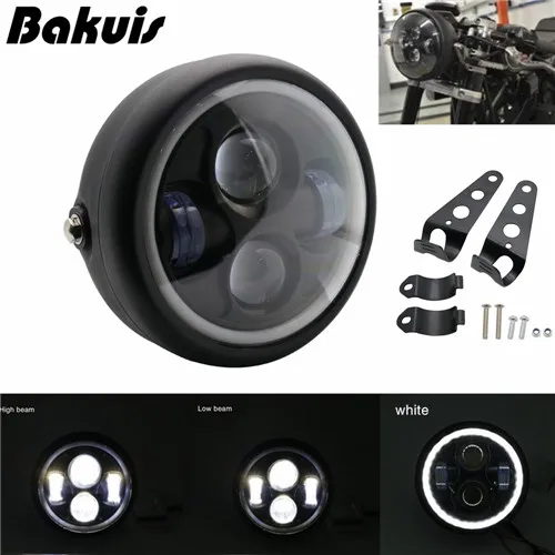 White halo Black 6,5 дюймов мотоциклетный гриль головной светильник с Bracktes мотоцикл ретро-фары мотор мото скутер винтажный передний светильник круглая лампа - Цвет: White halo Black
