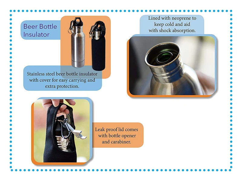 New 12oz Stainless Steel Beer Bottle Insulator Original Double Wall Vacuum Beer Cooler with Opener Beer Bottle Holder Keep Cold