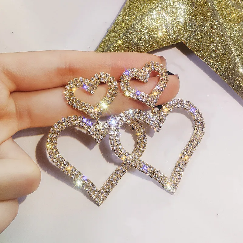 

Dominated Exaggerated fashion crystal double heart earrings contracted joker long Women Drop earrings Jewelry