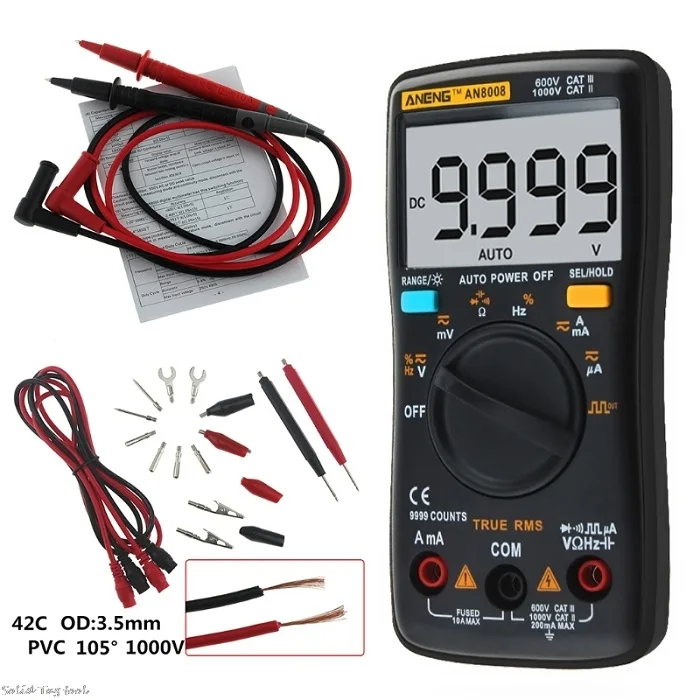 Черный AN8008 True-RMS цифровой мультиметр 9999 отсчетов квадратная волна подсветка AC DC Амперметр напряжения тока Электрический Мульти измеритель мощности - Цвет: Черный
