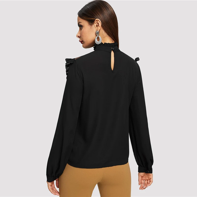 SHEIN Стильный Топ С Сетчатыми Вставками Женская Черная Элегантная Блузка С Длинными Рукавами