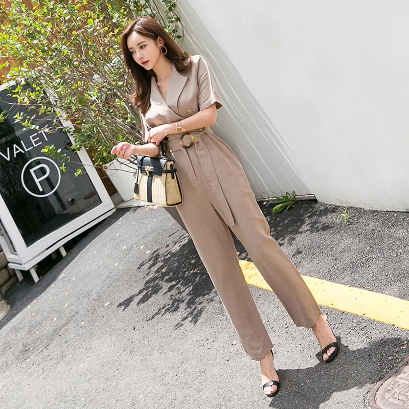 

New Formal Short Sleeve Office OL Jumpsuit 2018 Summer Women Notched Collar Khaki Work Wear Sashes Rompers Jumpsuits Overalls